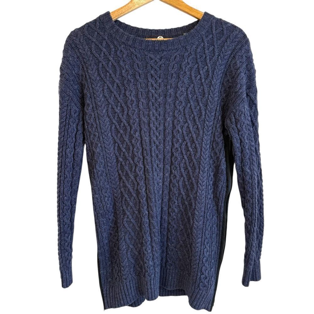Margaret O'Leary Navy Blue Cable Knit with Side Zips Crewneck Sweater Size XS